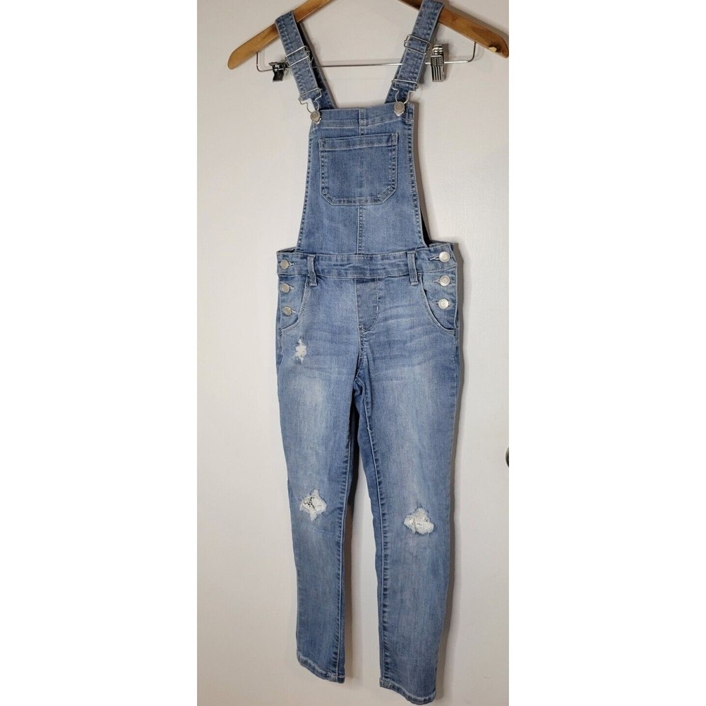 SO  Girls Youth Size 10 Denim Bib Overalls Blue Skinny Distressed Jean